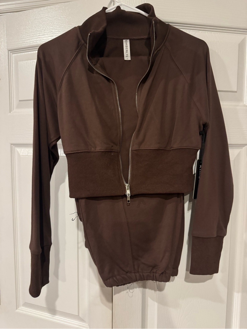 Women's Brown Zip-Front Cropped Jacket and Pants Set